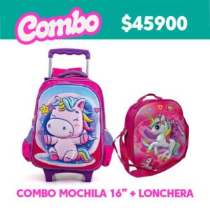 Mochila Unicornio 16" Con Carro + Lonchera