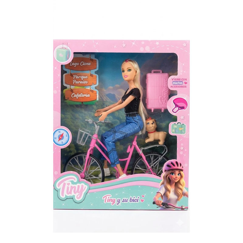 Muñeca Articulada Tiny y su Bicicleta Viajera con Accesorios y Mascota ART 53538